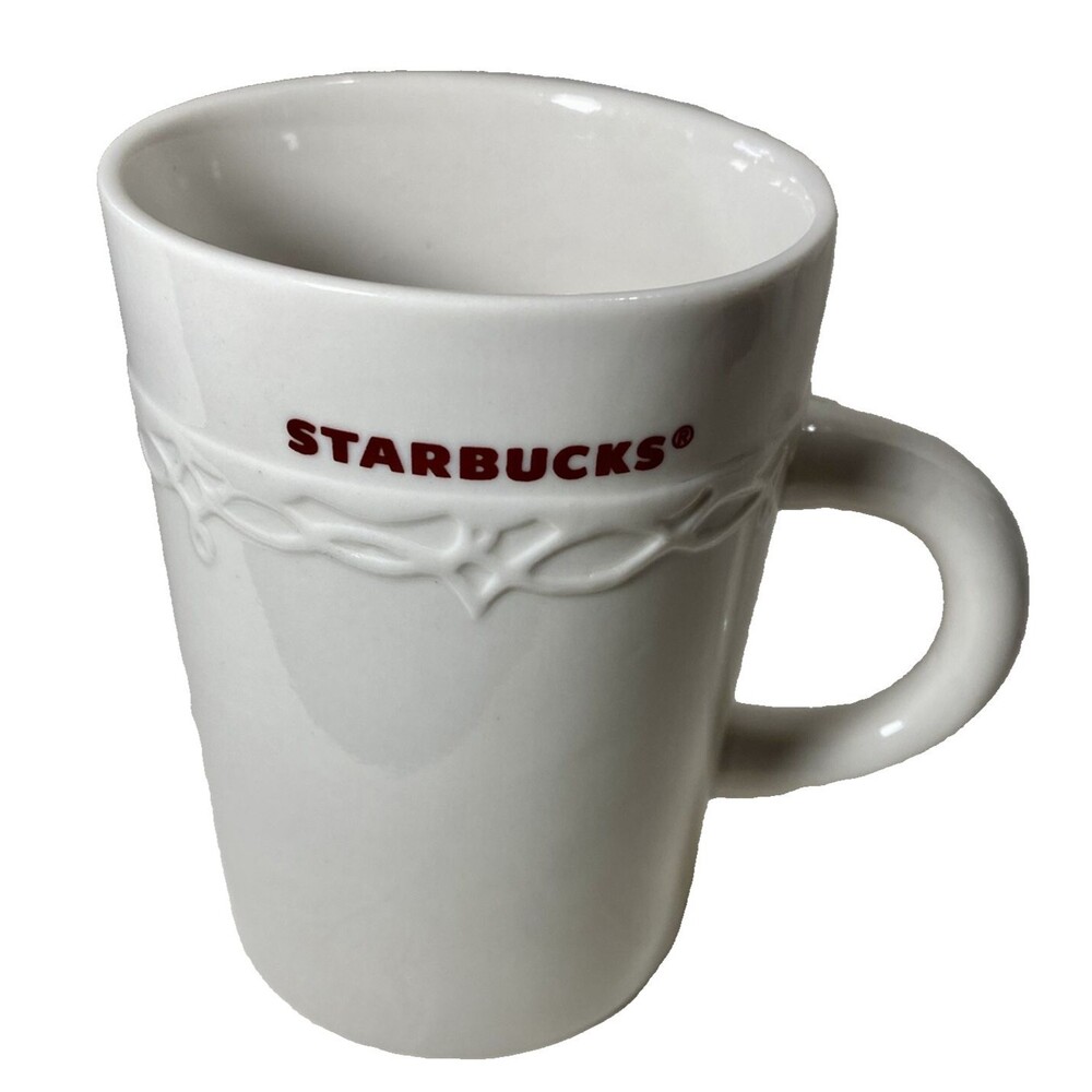 STARBUCKS Coffee Mug 2010 Cup 10 oz Ivory  Red Logo Embossed Scroll